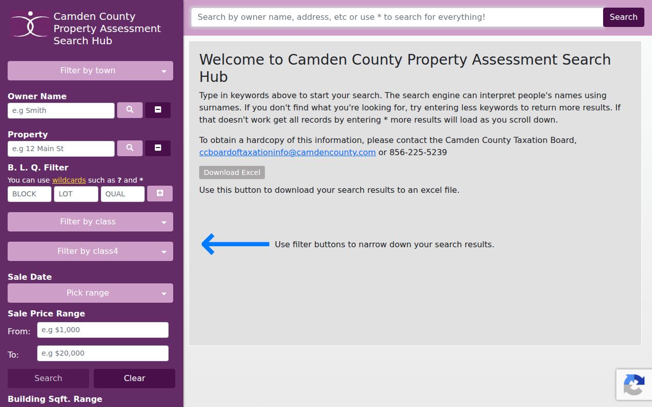 Camden County residents directory property assessment search filters
