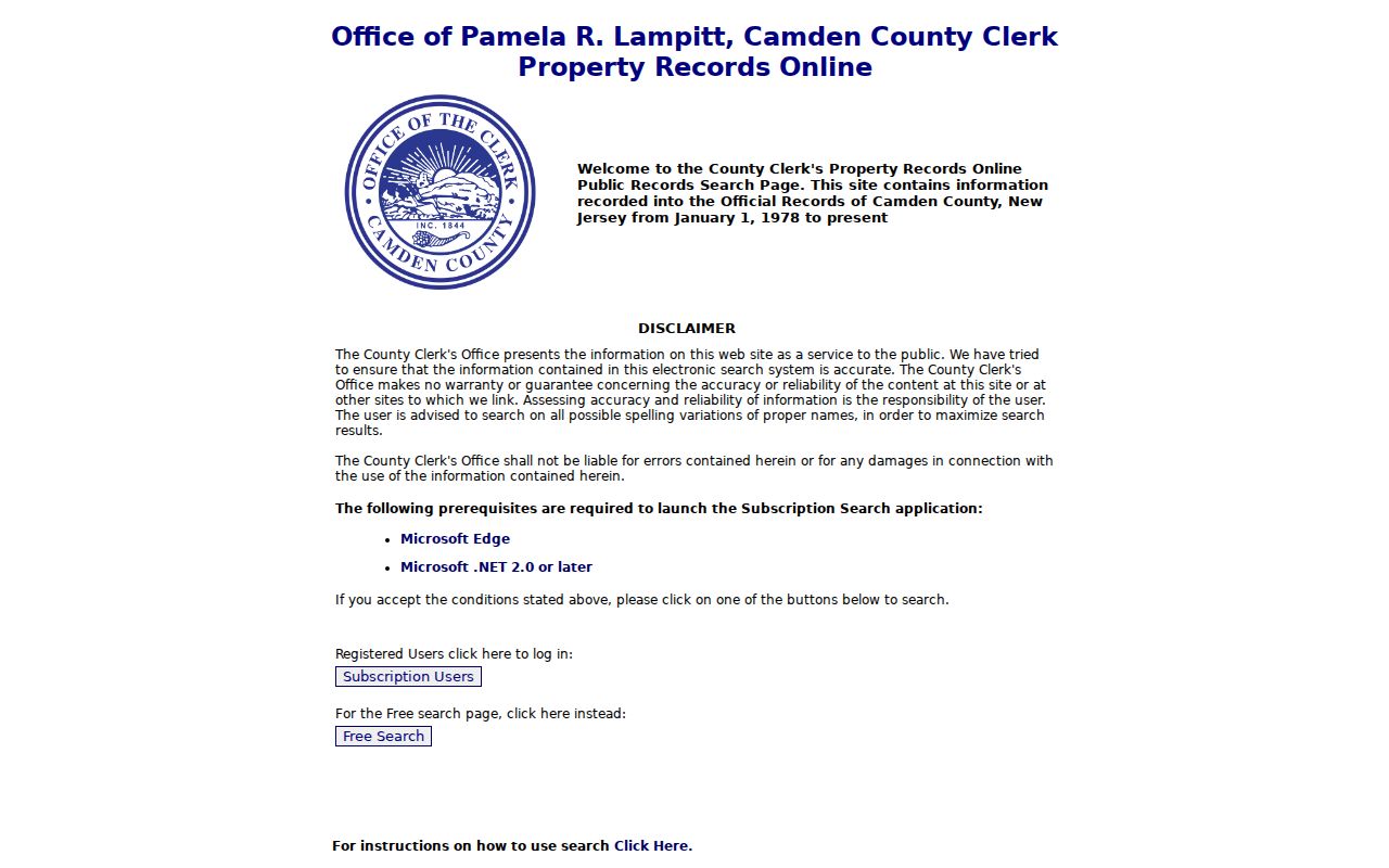 Camden County residents directory Clerk deed index access page