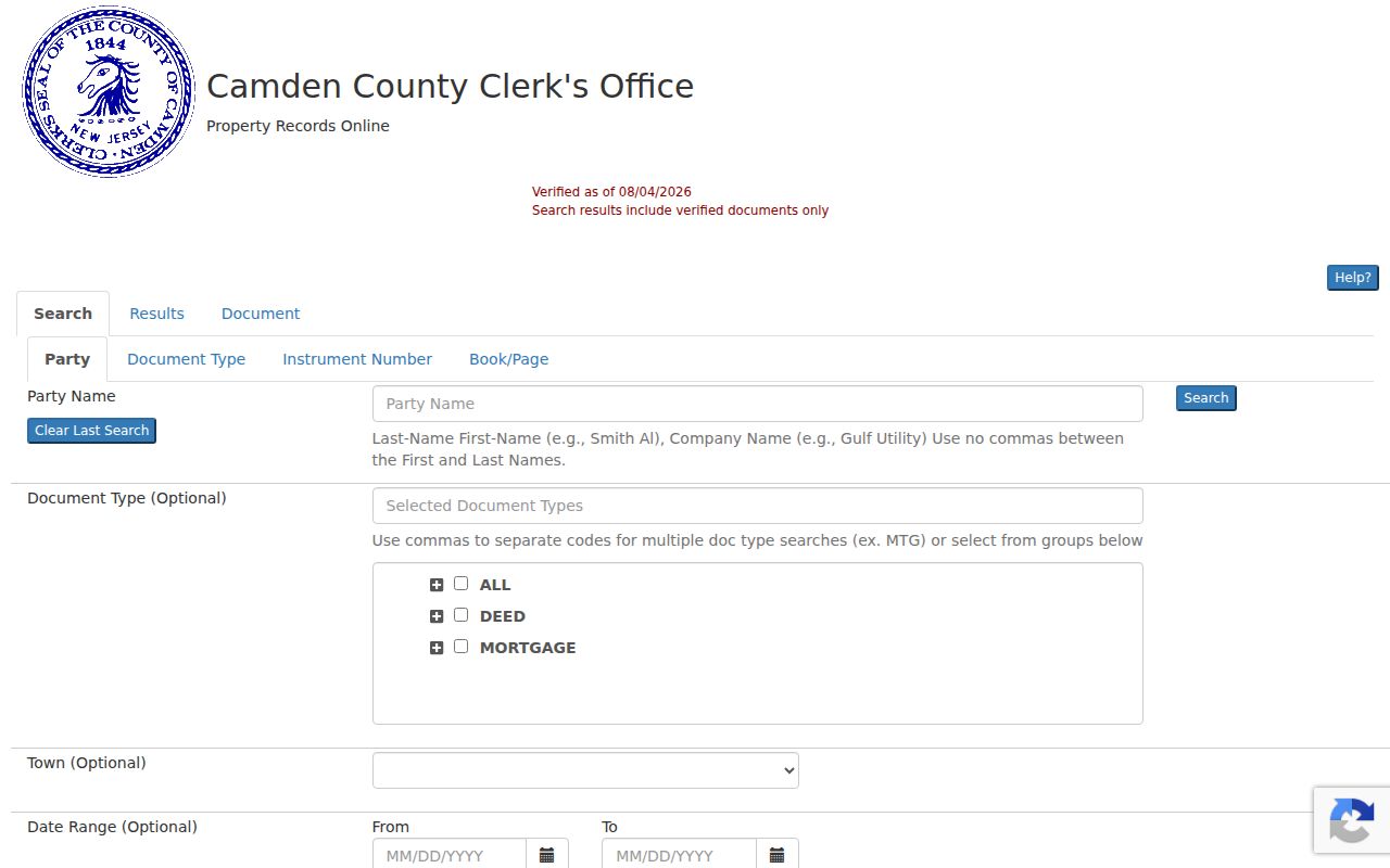 Camden County street directory deed search fields
