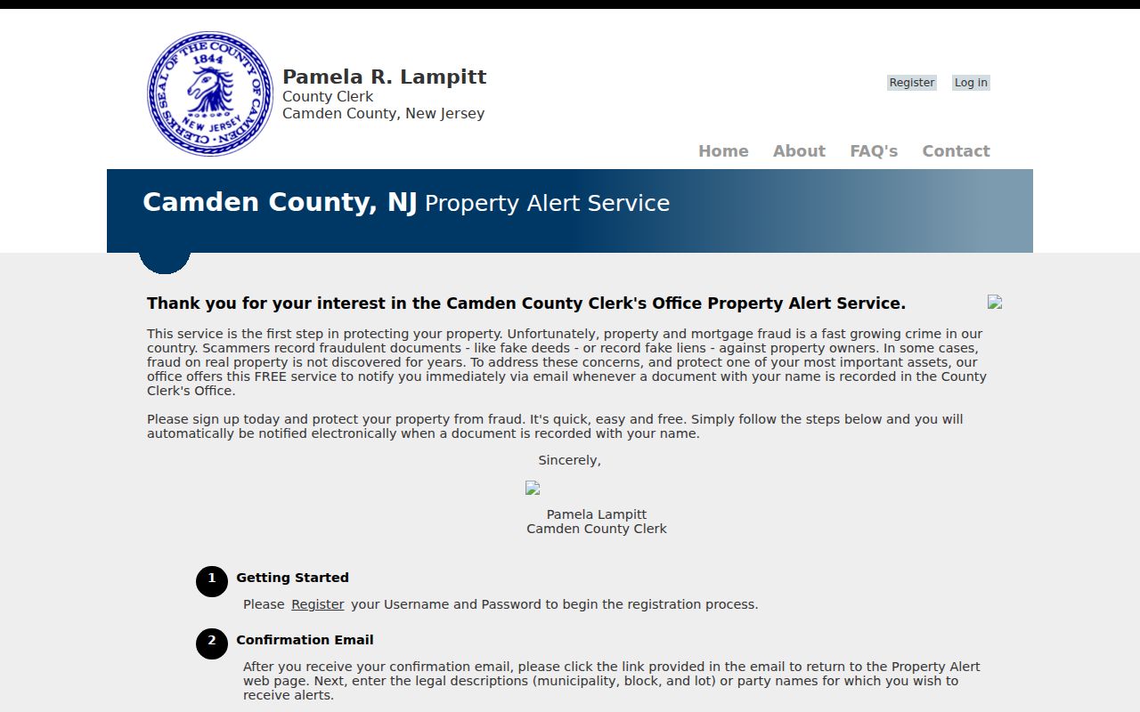 Camden County street directory property fraud alert registration