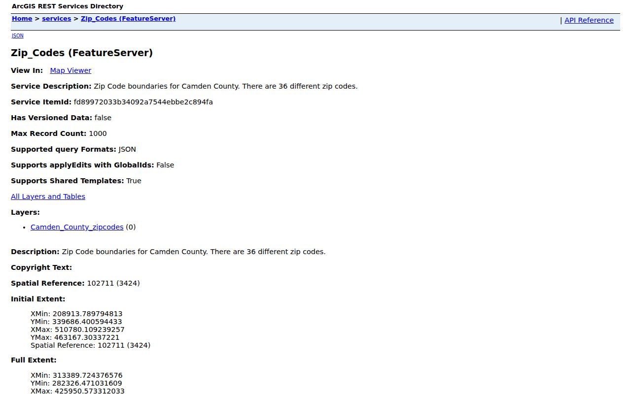Camden County ZIP code directory boundary service metadata